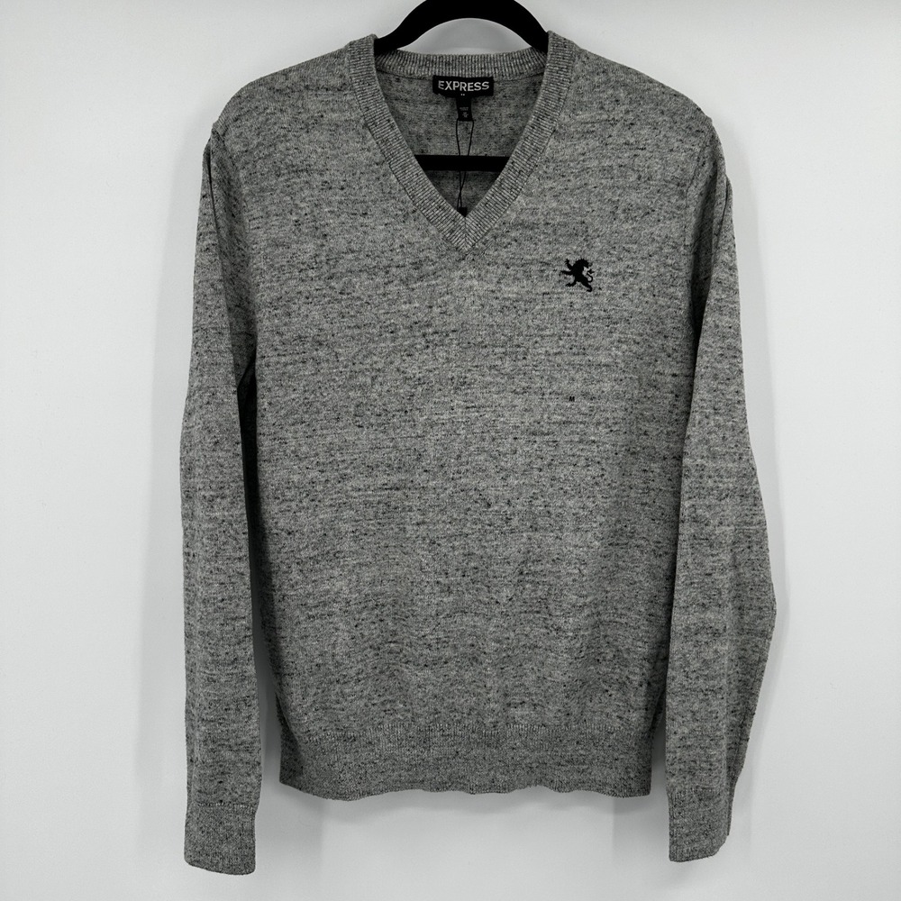 Express Mens Gray V-Neck Cotton Marled Knit Lion Logo Sweater Size Medium New